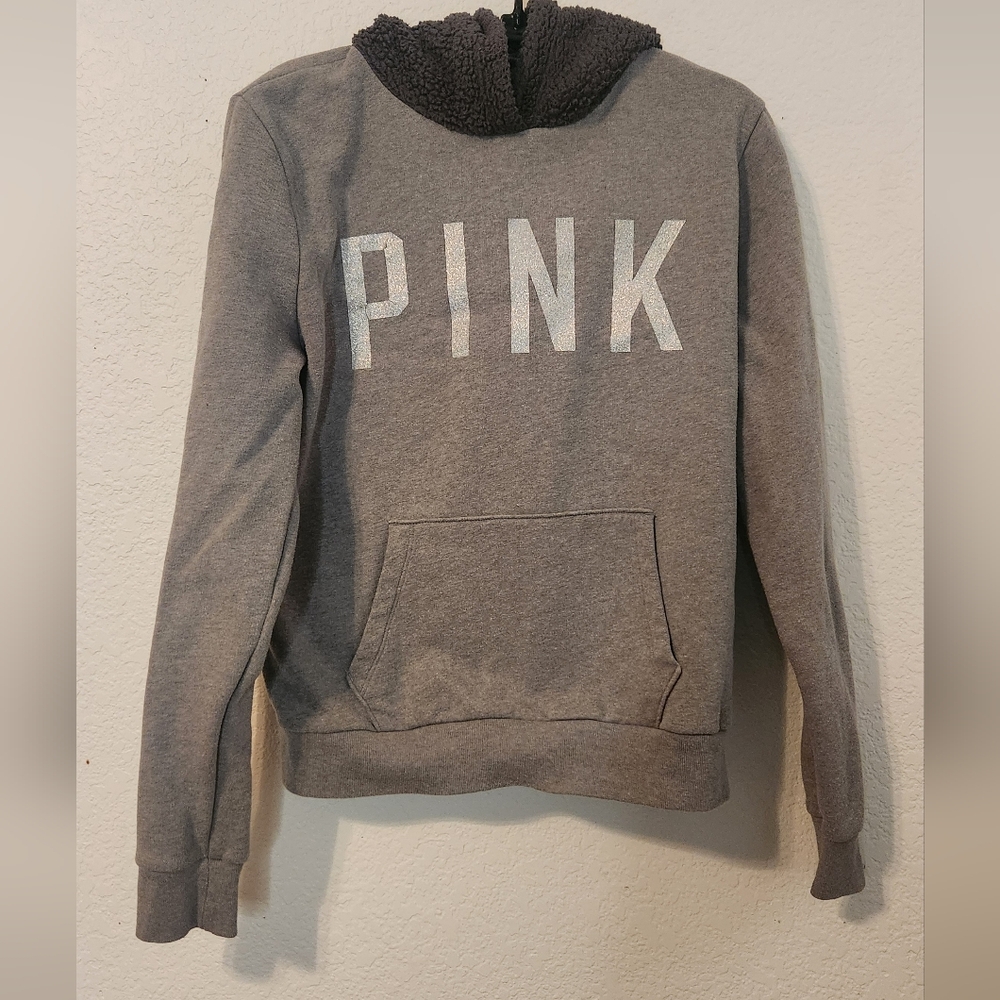 Victoria Secret PINK Gray Perfect Hoodie with Sherpa Hood, Size S